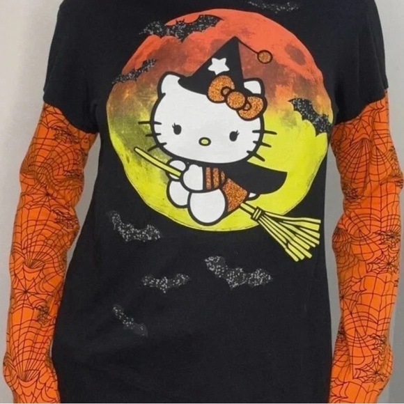 Hello Kitty Tops - Hello Kitty Halloween Long Sleeve Tee - Black and Orange